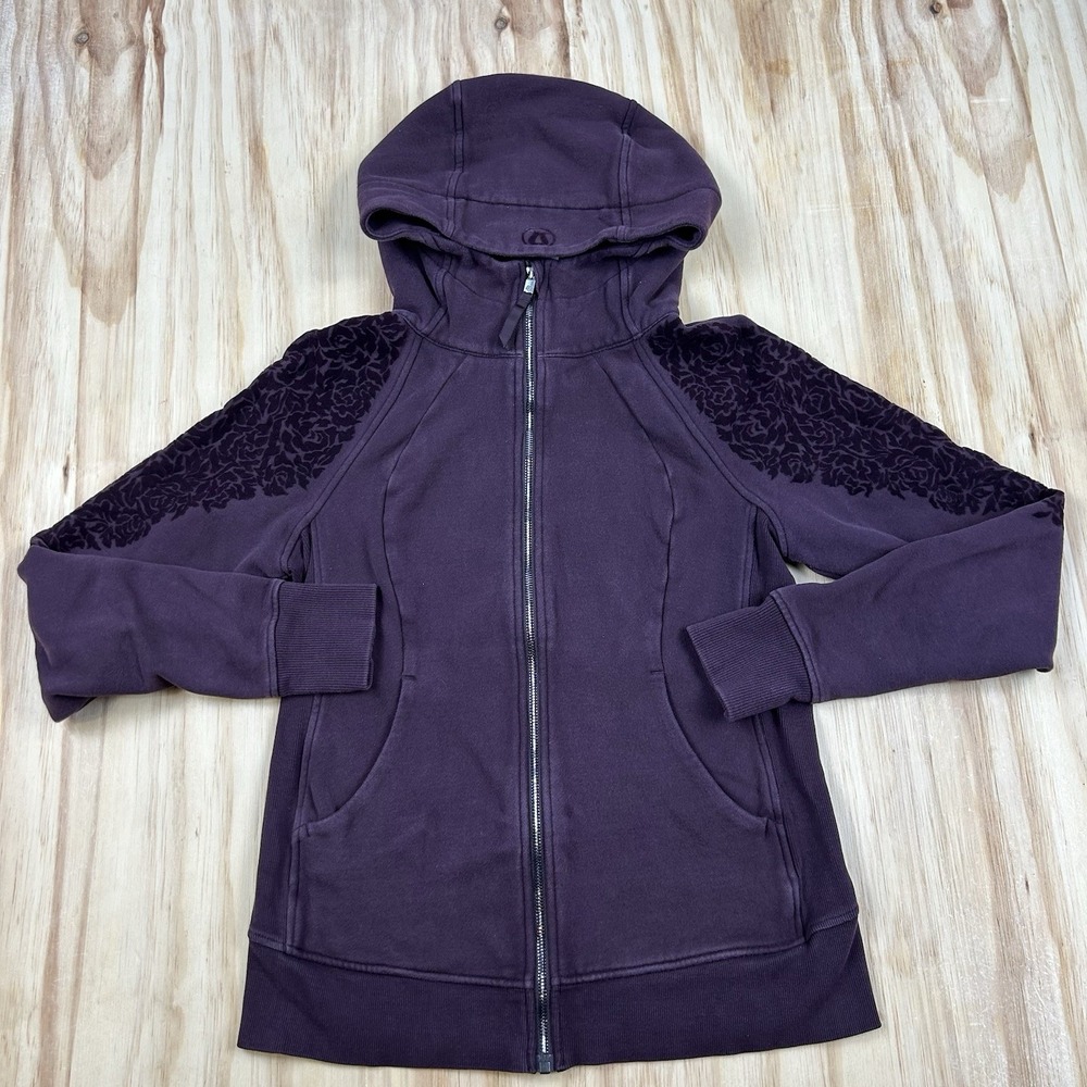 Lululemon Scuba Hoodie Women's 8 Black Cherry Floral Flock Cotton Fleece W4AMLS